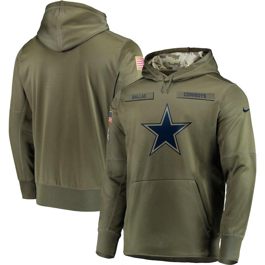 Men's Dallas Cowboys 2018 Olive Salute to Service Sideline Therma Performance Pullover Stitched Hoodie